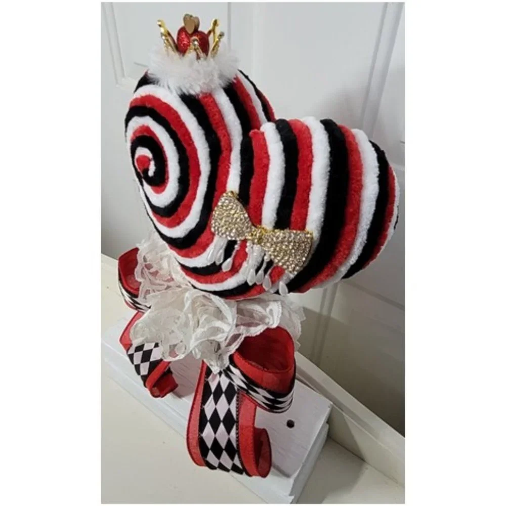Hearts Decorative Velvety Yarn Red, Black & White Heart w Crown Lollipop & Bow‎